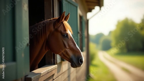 A horse's head poking out of an open car window, perfect for transportation or outdoor use