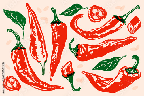 Hot chilli pepper set. Red spicy capsaicin peppers risograph print effect, vintage whole and half ripe peppers, organic vegetable ingredient, abstract farm food. Vector collection
