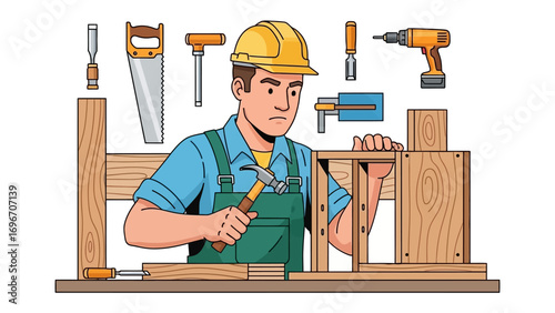 Woodworker at Work: A skilled woodworker expertly assembling a wooden structure, surrounded by an array of carpentry tools, embodying precision and craftmanship. 