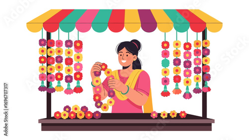 Flower Garland Vendor: A vibrant illustration of a female vendor crafting and displaying colorful flower garlands, embodying cultural tradition and the beauty of craftsmanship.