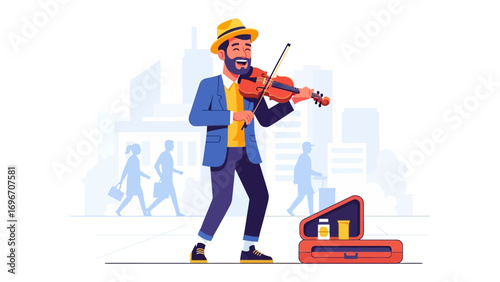 Street Musician's Melody: An illustration captures a street musician with a violin, filling a bustling urban landscape with his musical offering. The artist evokes the rhythmic pulse of urban life.