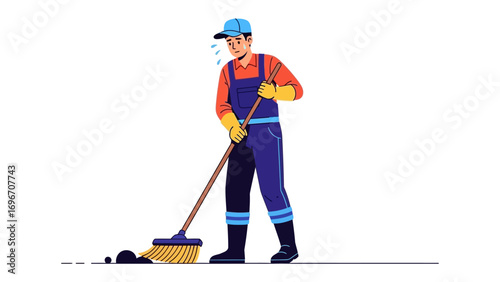 Dedicated Janitor: An illustrated depiction of a janitor diligently sweeping, showcasing hard work and commitment in maintaining cleanliness.