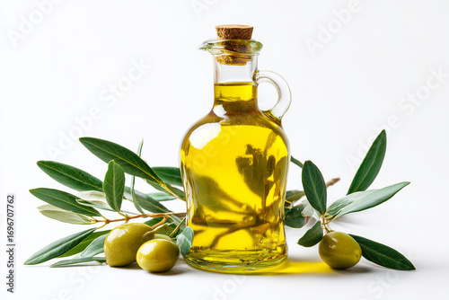 Glass jug of olive oil surrounded by fresh green olives and leafy branches. A natural Mediterranean ingredient symbolizing purity, health, and culinary tradition, isolated on white background.
