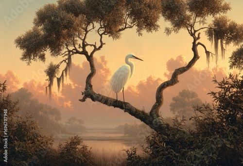 Egrets perched on a branch at dawn