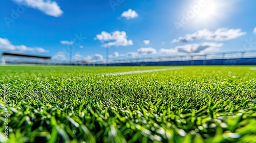 Green sports field turf close up sunny day