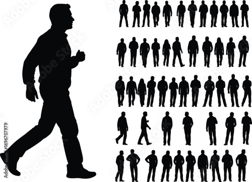 Silhouettes of a man running and multiple men in various walking, standing, and casual postures, perfect for design and backgrounds.Silhouettes of a man running and multiple men in various walking, 