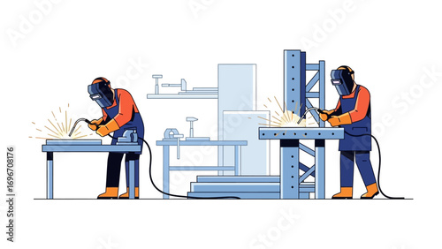 Welding Workforce in Action: Energetic illustrations show industrial welding in action, the core of metalwork operations, in a setting brimming with focus and precision.