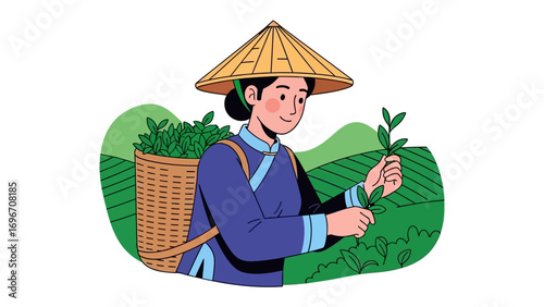Tea Harvester in Action: A vibrant illustration captures a traditional tea harvester amidst a tea field, showcasing cultural heritage and the time-honored tea-picking process.