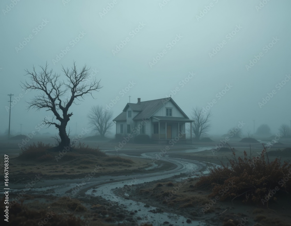 Naklejka premium Isolated farmhouse shrouded in atmospheric fog evokes mystery and solitude