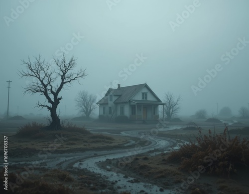 Isolated farmhouse shrouded in atmospheric fog evokes mystery and solitude