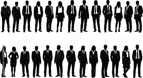 Silhouettes of Business People Standing in Formal Attire, Teamwork, Office Workers, Corporate Group Vector Illustration on White Background