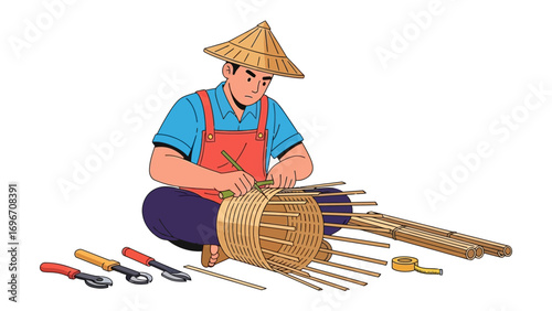 Artisan Crafting with Precision: An artisan, adorned in a traditional hat, meticulously weaves natural fibers, employing tools to fashion a basket, a testament to skill and cultural heritage.