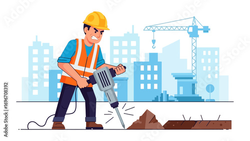 Construction Worker in Action: A determined construction worker, clad in safety gear, wields a jackhammer on a bustling construction site, surrounded by towering buildings and a towering crane.