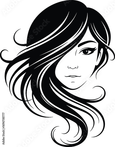Beautiful woman face illustration, flowing hairstyle design, elegant female portrait vector, modern black and white artwork, fashion beauty sketch, stylish hair artBeautiful woman face