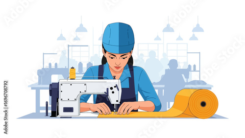 Tailoring Excellence: A skilled seamstress, immersed in her craft, meticulously guides fabric through a state-of-the-art sewing machine.