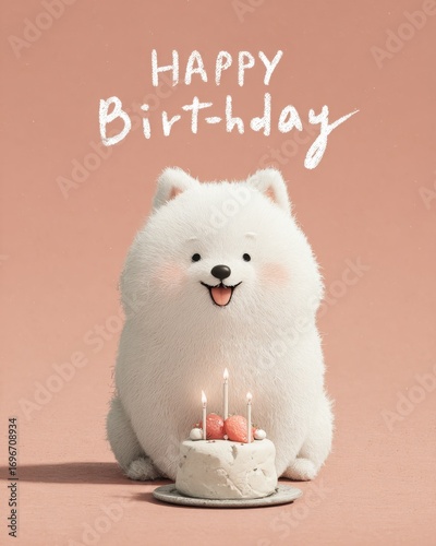 Cheerful Happy Birthday Card with Fluffy White Samoyed Dog, Strawberry Cake, and Three Lit Candles - Adorable Kawaii Illustration for Pet Lovers, Celebrations, Kids Events