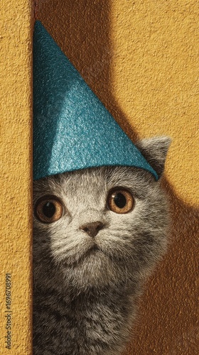 Close Up of a Cute Grey Kitten in a Blue Glitter Party Hat Peeking from Behind a Yellow Wall – Playful Pet Celebration Portrait