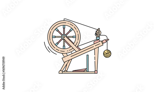 Outlined Spinning Wheel with Yarn Ball, Simple Design.