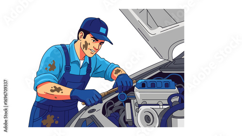 Mechanic Inspects Engine: A skilled mechanic, covered in grease stains, meticulously examines a car's engine, demonstrating expertise and care in vehicle maintenance.