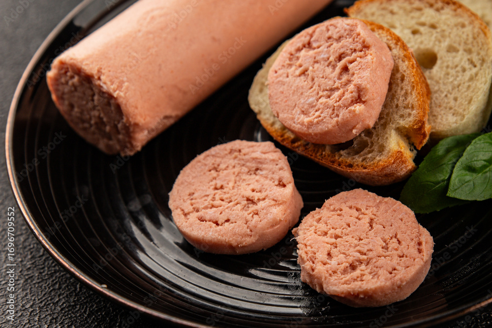 Fototapeta premium Sausage spread sandwich pork spread natural product tasty snack fresh delicious gourmet food background on the table rustic top view copy space