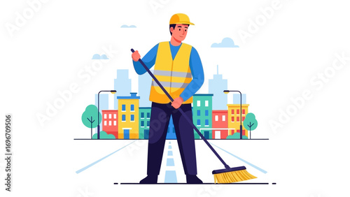 Urban Cleaner: A dedicated sanitation worker diligently sweeps the city streets, ensuring cleanliness and order in the vibrant urban landscape.