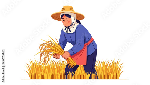 Harvest's Gentle Embrace: A farmer, clad in a straw hat, harvests golden wheat, embodying the spirit of autumn labor and the bounty of nature.
