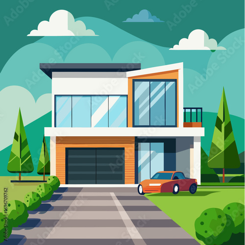 Modern two-story house exterior with car driveway and lush green landscape vector illustration