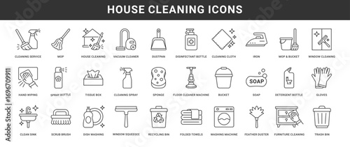 House Cleaning icon set. Housekeeping icons like washing, vacuum cleaner, detergent, cleaning tools, equipment, household appliances and more. Vector illustration.