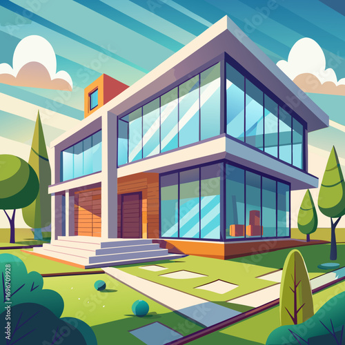 Modern luxury house exterior vector cartoon illustration scalable eps icon