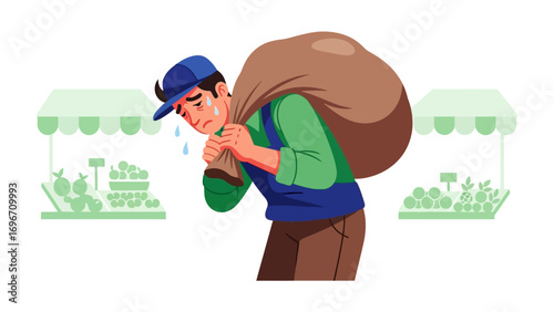 Burdened at the Market: A weary market vendor, weighed down by a heavy sack, trudges through a bustling market, embodying the struggles and resilience of everyday life.