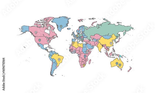 Pastel-Colored Hand-Drawn World Map with Regional Divisions.