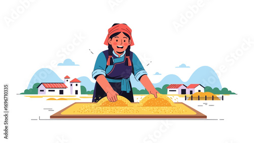 Village Harvesting: A woman in traditional attire is dedicatedly processing the grains with smiling face in the backdrop of her village. showing the lifestyle in her environment.