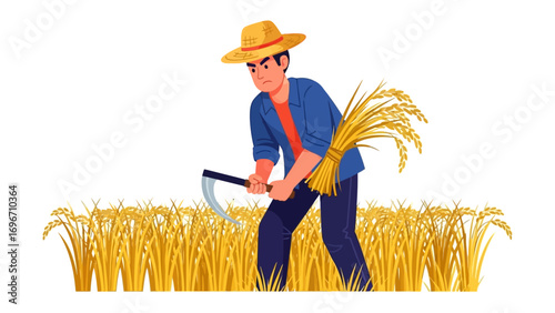 Harvest Work in Field: A dedicated farmer wields a scythe amidst golden wheat, embodying the timeless essence of agricultural labor and the spirit of harvest.