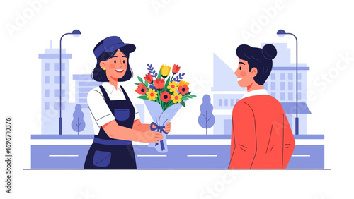 Blooming Bouquet: A bright and colorful bouquet of flowers being given to a customer. The flower shop worker hands a flower bouquet to their customer.