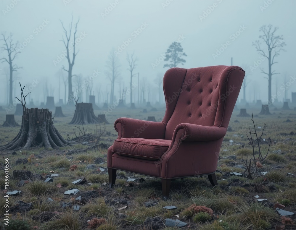 Fototapeta premium Solitary armchair rests amidst desolate forest stumps under a haunting, misty sky