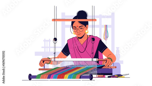 Weaver at Work: A dedicated artisan focuses intently on her craft, skillfully working a traditional loom to create a colorful textile masterpiece. This image embodies the dedication, artistry.