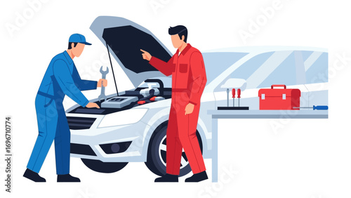 Automotive Harmony: Two skilled mechanics collaborate on a car, demonstrating the seamless teamwork and precision that bring vehicles back to life.