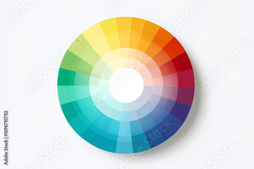 Circular color wheel composed of segmented rainbow hues arranged in a perfect ring. A vibrant artistic palette representing design, creativity, and visual spectrum, isolated on white background.
