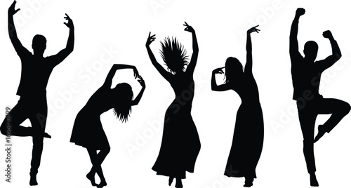Silhouettes of Men and Women Dancing in Various Artistic Poses, Expressive Movement, Performance, Celebration, Graceful Vector Illustration Design