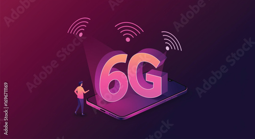 A modern, vibrant illustration showcasing the concept of 6G wireless technology. EPS Vector
