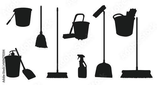 cleaning tools arranged neatly in rows silhouette