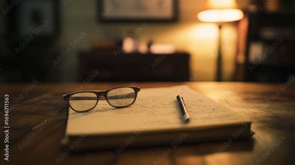 Fototapeta premium Cozy Workspace with Glasses and Notebook on Wooden Table Surface