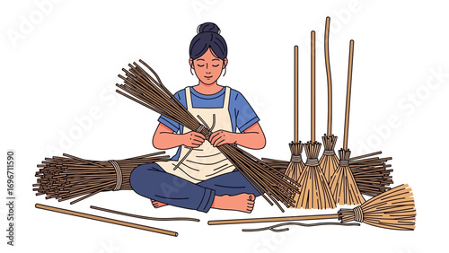 Artisan Crafting a Broom: A focused artisan meticulously crafts a traditional broom, showcasing the skill and dedication involved in preserving heritage craftsmanship.