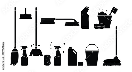 cleaning tools arranged neatly showing brooms sprays buckets silhouette