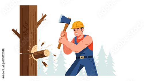 Cutting Wood: A sturdy lumberjack with a determined look swings his ax into a towering tree, showcasing the raw power of nature and industry.