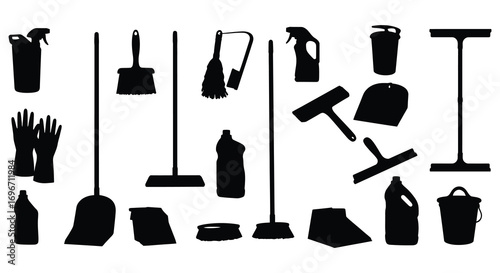 cleaning tools arranged neatly in rows silhouette