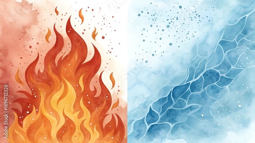 Watercolor Illustration of Fire and Water Elements Representing Opposites and Balance