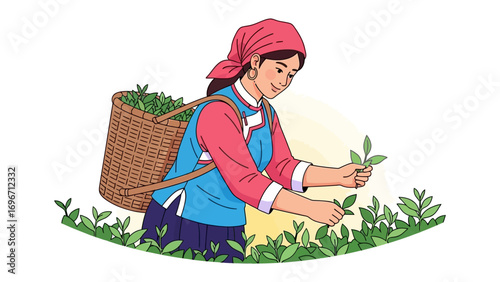 Tea Picker's Harvest: An illustration shows a tea picker, focused on her task. She's wearing a headscarf, with a basket on her back, and carefully selecting fresh tea leaves.