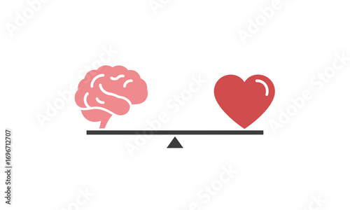 Pink Brain and Red Heart Balanced on a Seesaw Scale.