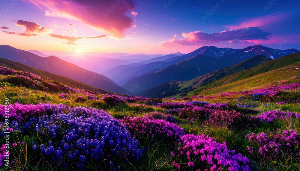 Obraz premium Stunning Mountain Landscape with Vibrant Wildflowers at Sunset